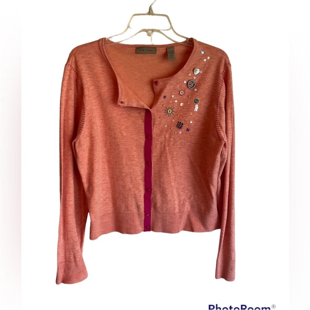 I.E. RELAXED Beaded cardigan women's LG button up long sleeve orange sweater EUC
